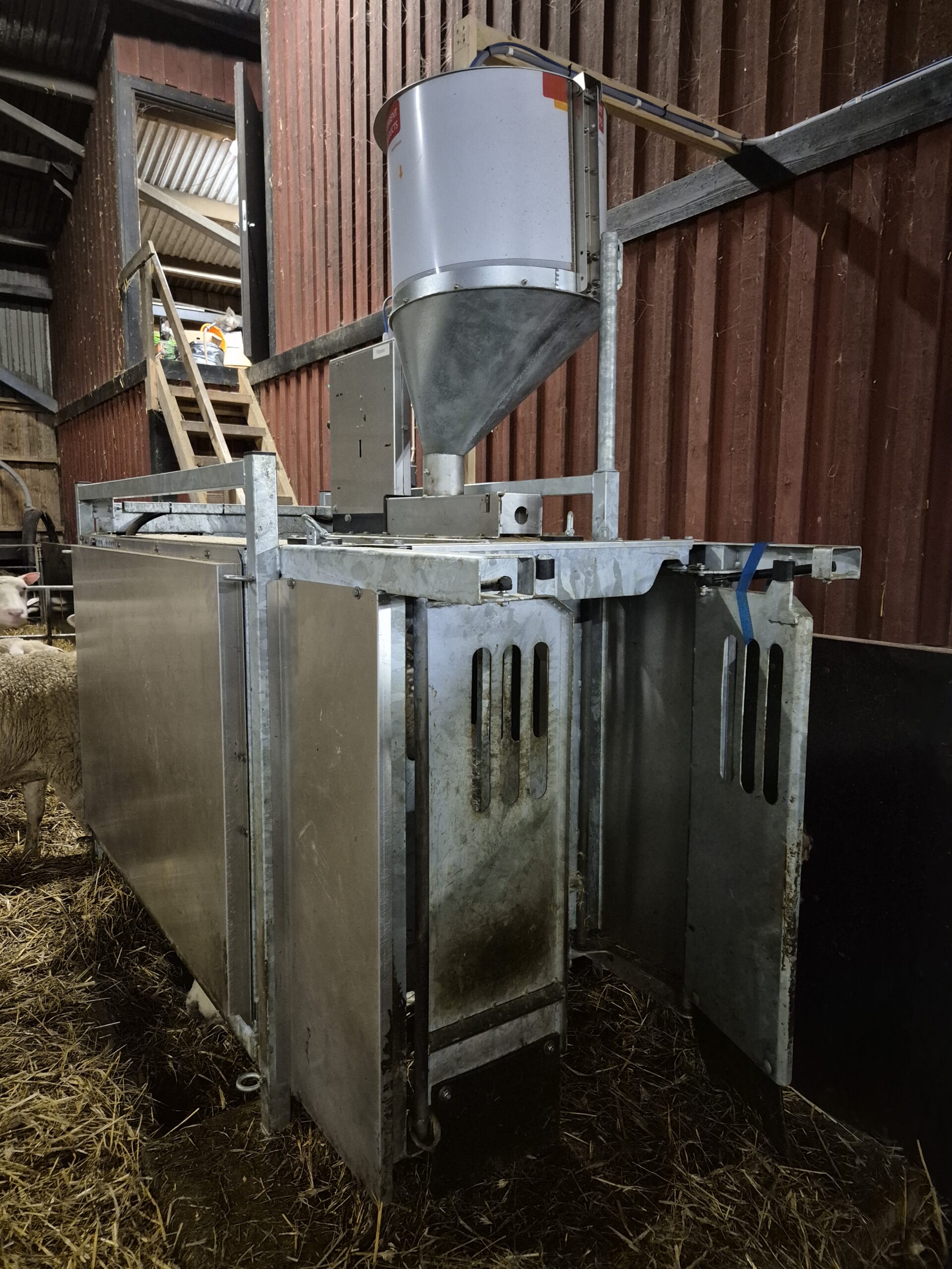 Foto på kraftfoderautomat för får. Med kraftfoderautomater som läser av elektroniska öronmärken kan utfodringen styras på individnivå. Foto: G&D