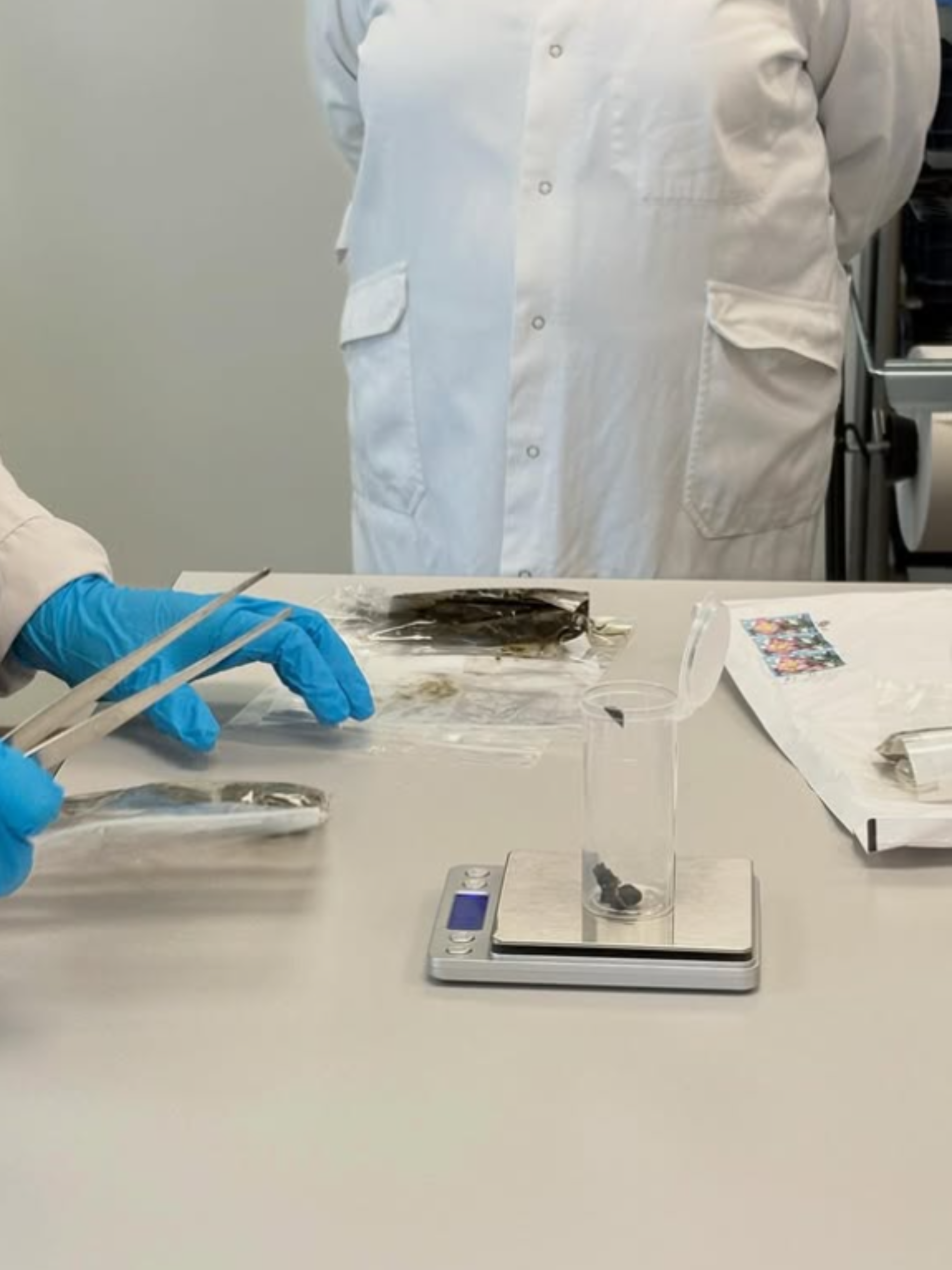 Tr&auml;ckprovsanalys hos Eurofins. Tr&auml;ckprovsmaterialet v&auml;gs upp.