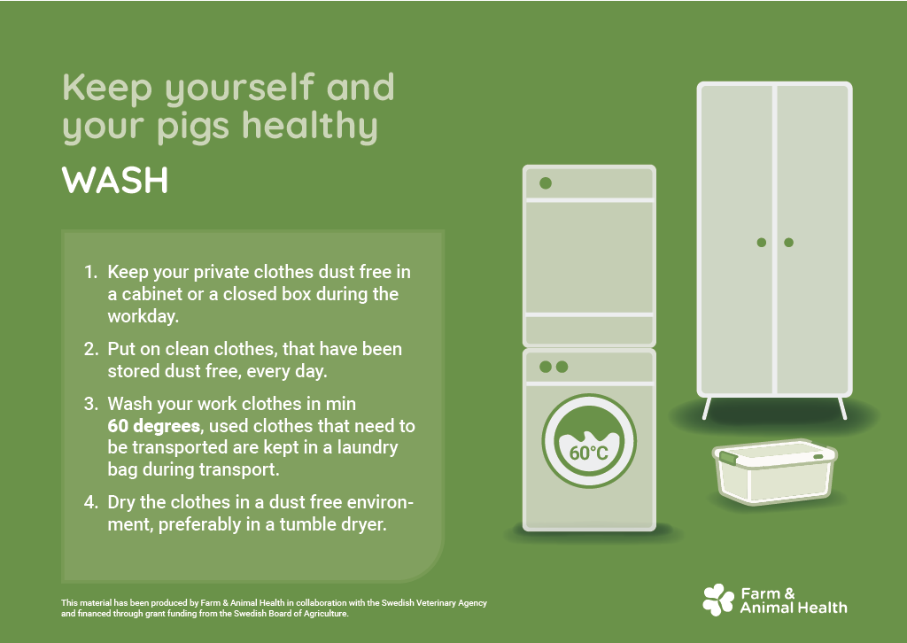 Illustration om tv&auml;tt och f&ouml;rvaring av kl&auml;der f&ouml;r att minska smittspridning. Privata kl&auml;der ska f&ouml;rvaras dammfritt i sk&aring;p eller st&auml;ngd l&aring;da under arbetsdagen. Arbetskl&auml;der ska vara rena varje dag, tv&auml;ttas i minst 60 grader, transporteras i tv&auml;ttp&aring;se och torkas i dammfri milj&ouml;, helst i torktumlare.